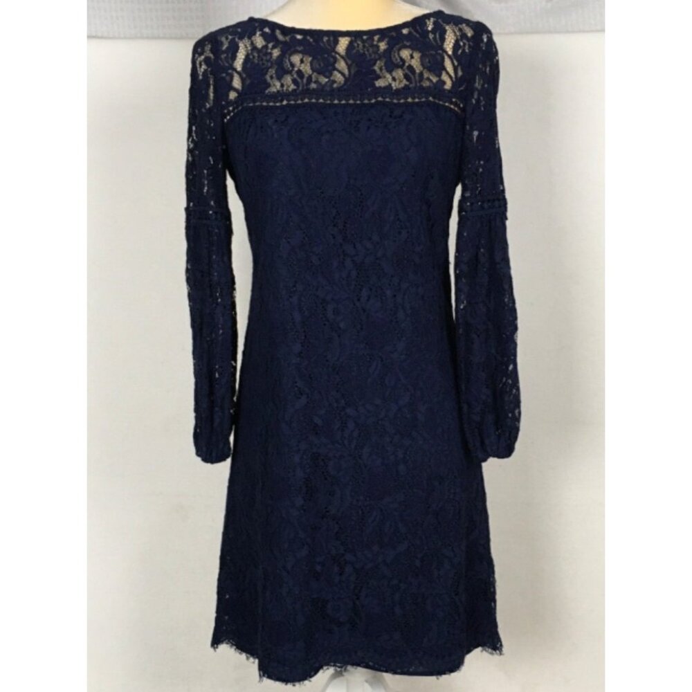 Vince Camuto Dress Women Size 4 Navy Blue Lace Lined Long Sleeves Knee Length